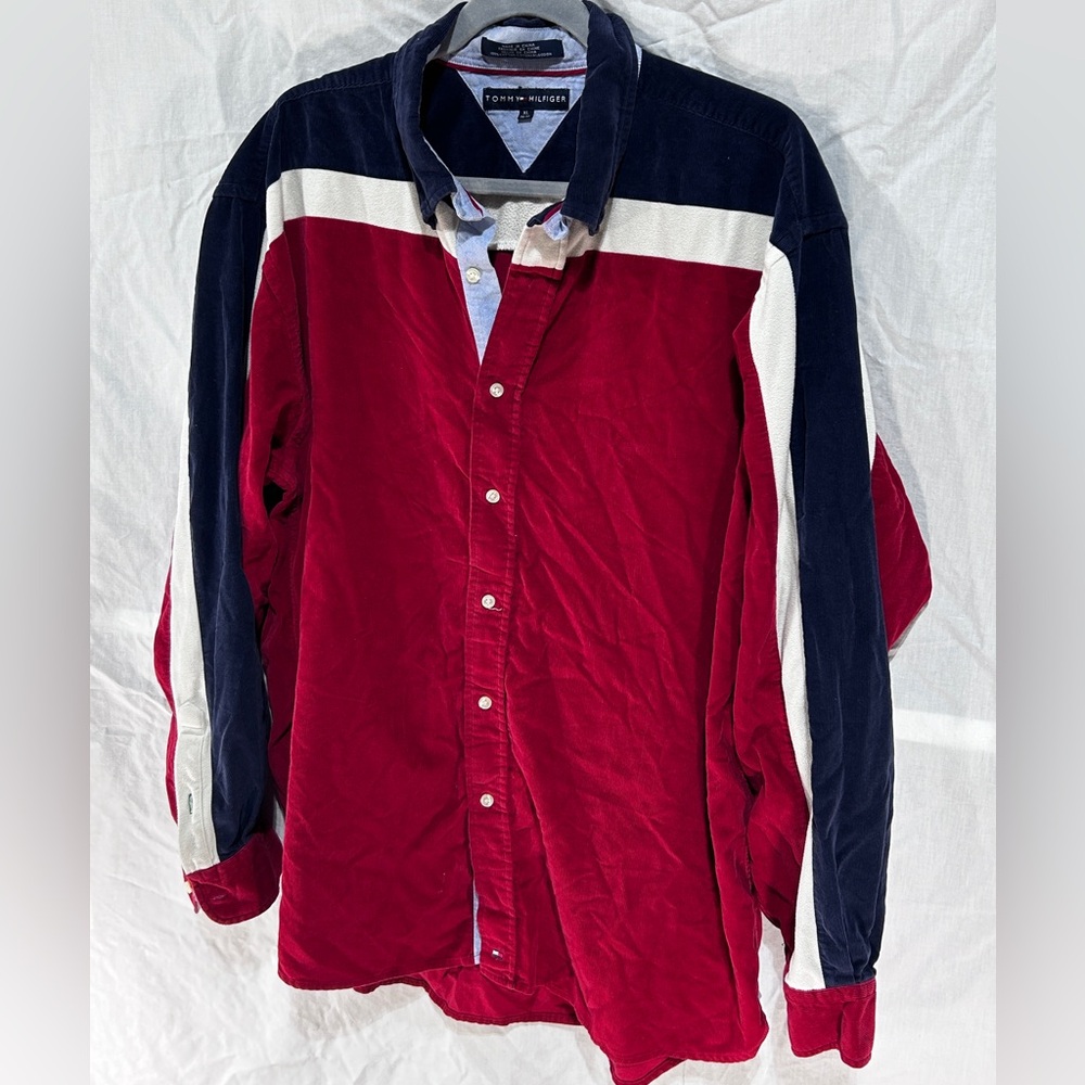 Vintage Tommy Hilfiger Corduroy Shirt Men’s Long Sleeve Y2K Red White Blue XL - Picture 12 of 13